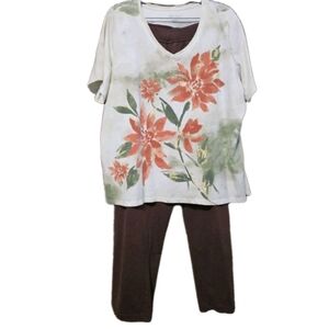 Women's 2X Kim Short Sleeves Top & Knit Pants Two Piece Set Brown, Beige, Orange